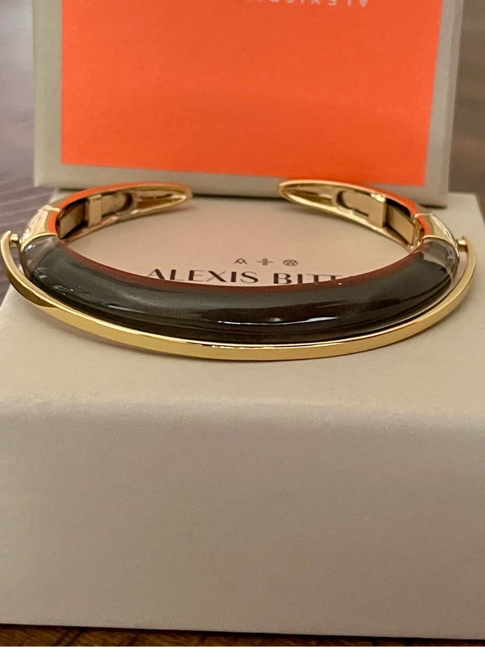 Alexis Bittar Orbital Lucite Dark Grey Black & Golden Bangle Bracelet